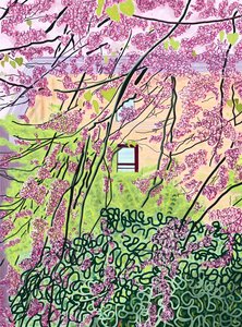 Árboles de primavera y edificio de apartamentos, parque Prospekt (arte digital)
