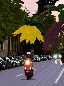 Girasol y hombre conduciendo una moto roja (arte digital) de Evan Sklar