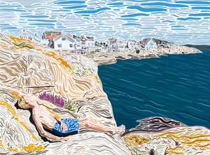 Joven junto al mar en verano tomando el sol en las rocas. (arte digital) de Evan Sklar