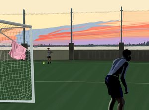 Fútbol juvenil en el Brooklyn Bridge Park (arte digital) de Evan Sklar