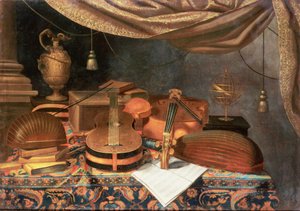 Una Guitarra, un Violonchelo, Laúdes, una Partitura Musical y otros Libros y un Globo Armilar en una Mesa Draped de Evaristo Baschenis