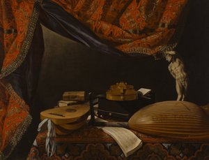 Bodegón con instrumentos musicales, libros y escultura de Evaristo Baschenis