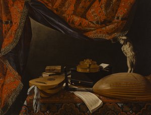Naturaleza muerta con instrumentos musicales, libros y escultura, c. 1650 de Evaristo Baschenis