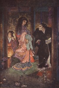 Shinzaburo reconoció a Tsuyu y a su criada Yone, ilustración de "The Myths and Legends of Japan" de F. Hadland Davis