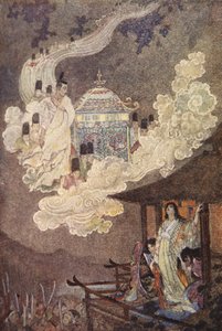 Los habitantes de la luna demandan a Lady Kaguya, ilustración de "The Myths and Legends of Japan" de F Hadland Davis de Evelyn Paul