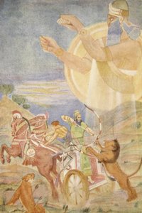 Tiglat-Pileser I dirigido por Ninib, ilustración de "Myths and Legends of Babylonia and Assyria" de Lewis Spence de Evelyn Paul
