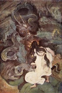 Tokoyo y la serpiente de mar, ilustración de "The Myths and Legends of Japan" de F. Hadland Davis de Evelyn Paul