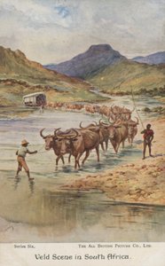 Agricultores arreando ganado, Sudáfrica (litografia en color) de Evelyn Stuart Hardy