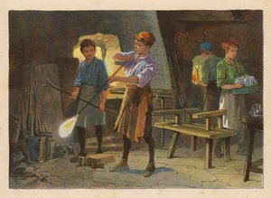 Pequeños trabajadores: Soplado de vidrio (litografía en color) de Evelyn Stuart Hardy