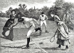 Grabado que representa un amistoso partido de dobles de tenis de Everard Hopkins