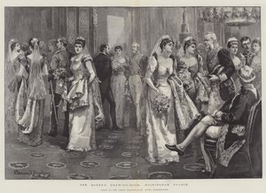 El salón de dibujo de la Reina, Palacio de Buckingham, escena en el salón verde después de la presentación de Everard Hopkins