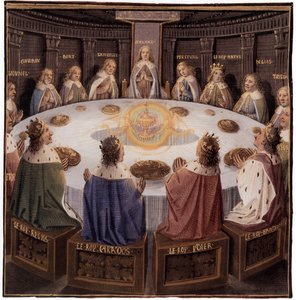 La leyenda artúrica: los caballeros de la mesa redonda: Galaad (Galahad) en el Asiento Peligroso, aparece el Santo Grial, iluminación de Evrard d