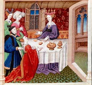 Iseut (o Iseult) implora la protección de la reina Guenevre sentada a su mesa. Miniatura extraída del "Romanesque du Chevalier Tristan et de la reine Yseult" de Gassien de Poitiers iluminado por Everard de Espinques (Evrard d