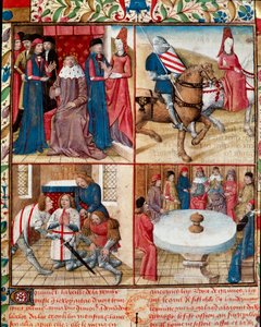 El Rey Arturo celebrando la corte, Lancelot conducido por una dama a la abadía, suavizando de Galahad (Gaalad o Galaad) a la abadía y los caballeros de la Mesa Redonda alrededor del Santo Grial Página del manuscrito "Romano del caballero Tristán y la reina de Everard de Espinques