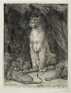 Leona sentada y tres cachorros, 1888