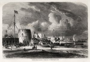 Puerto de la ciudad de Zanzíbar (actual Tanzania), dibujo de Evremond de Bérard (1824-1881), para ilustrar el viaje del Capitán Burton a los Grandes Lagos de África Oriental en 1857-1859. Grabado en "Le tour du monde, nouveau journal des voyages" París de Evremond de (after) Berard