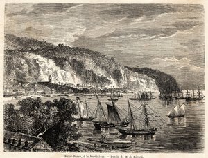 Vista de Saint Pierre, en Martinica, dibujo de Auguste de Bérard (1824-1881), para ilustrar los viajes a las Indias Occidentales, en 1858-1859, por Anthony Trollope (1815-1882). Grabado en "Le tour du monde, nouveau journal des voyages" París de Evremond de (after) Berard
