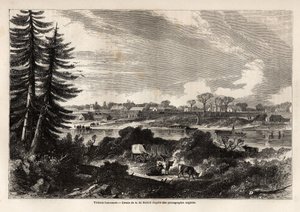 Vista de Victoria-Vancouver, capital de Columbia Británica, dibujo de Auguste de Berard (1824-81) para ilustrar la exploración de las Montañas Rocosas en 1857-59 por el Capitán John Palliser. Grabado en "Le tour du monde, nouveau journal des voyages" París