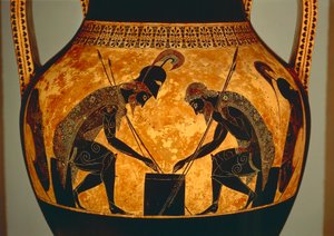 Ánfora de figuras negras del Ática que representa a Aquiles y Áyax jugando a los dados (detalle)