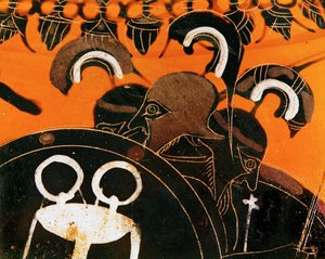 El gigante de tres cabezas Gerión cuyo ganado robó Heracles... de Exekias Exekias