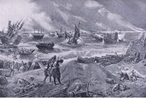 Jacobo II en la batalla de La Hogue, 23 de mayo de 1692, ilustración de British Battles on Land and Sea, 1915 de Eyre Crowe