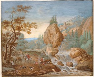 Paisaje montañoso con una partida de caza en primer plano de F.C. van Bracht