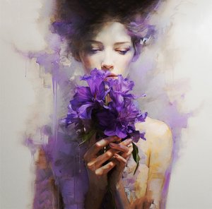 Una hermosa mujer lleva flores abstractas de color púrpura, Wall Art | Impresiones en lienzo de F. Abderrahim