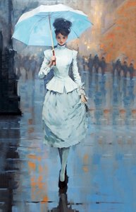 Una mujer joven de la moda se encuentra en la calle sosteniendo un paraguas, impresiones artísticas de F. Abderrahim