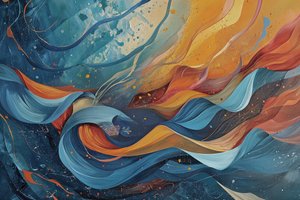 Pintura abstracta en olas de azul, naranja y amarillo, acrílico sobre lienzo de F. Abderrahim