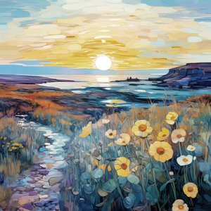 Abstract Purple Flowers in Sunrise Landscape Painting, Impresiones de Arte de Pared de F. Abderrahim