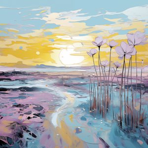 Abstract Purple Flowers in Sunset Landscape, Impresiones murales personalizadas de F. Abderrahim
