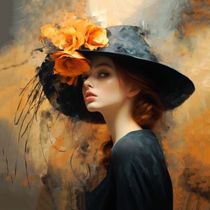 Pintura abstracta hermosa mujer se pone un sombrero de flores, impresiones artísticas en lienzo