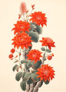 Cactus abstracto con flores, xilografía japonesa, impresiones artísticas enmarcadas para pared