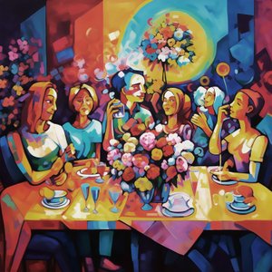 Ilustración abstracta, cena familiar feliz, a todo color, impresión de Arte mural de F. Abderrahim