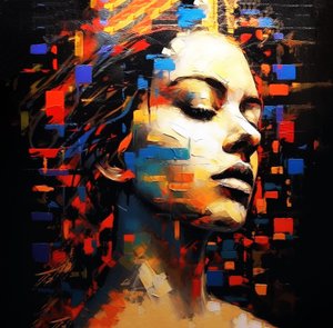 Pintura abstracta retrato femenino perfil fondo negro, Wall Art | Impresiones en lienzo de F. Abderrahim
