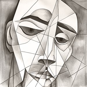 Dibujo abstracto primitivo a lápiz que representa un retrato facial melancólico de F. Abderrahim