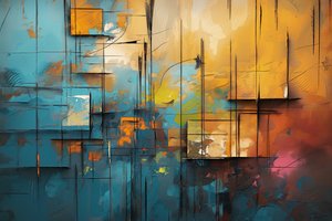 Pintura acrílica sobre lienzo, azul, naranja y amarillo, decoración de la pared del dormitorio de F. Abderrahim