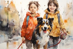 Acuarela Retrato Pintura de perro y los niños, decoración de arte de la pared, canva impresiones de F. Abderrahim