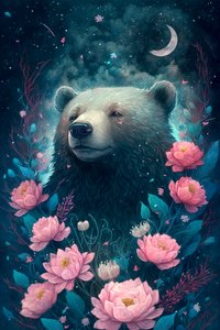 Oso en una escena de ensueño rodeado de flores, enmarcado posters impresos
