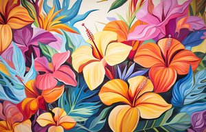 Ramo de flores de hibisco de colores brillantes, pintura floral, impresiones artísticas