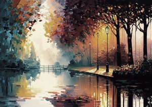 Pintura expresiva de un jardín con un arroyo en otoño, impresiones artísticas murales