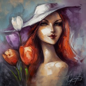Retrato de chica impresionista y flores de azafrán, Pintura sobre lienzo floral acrílico de F. Abderrahim