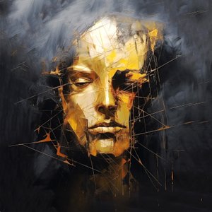 Retrato de la cara del hombre en una pintura abstracta negra del fondo, impresiones del arte en línea de F. Abderrahim