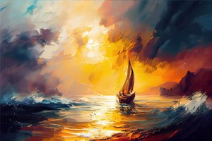 Velero en el mar, paisaje marino amanecer pintura sobre lienzo, impresiones de arte de la pared de F. Abderrahim