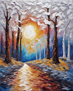 Puesta de sol a través de un bosque, impresiones en lienzo de paisajes, pintura de colores vibrantes de F. Abderrahim