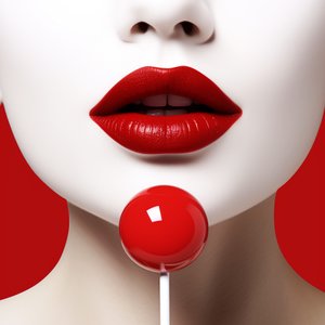 Mujer disfrutando de una piruleta, dientes blancos brillantes, impresiones artísticas en línea