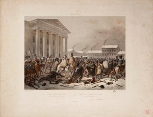 Ejército francés en retirada en la Plaza del Ayuntamiento de Vilna, grabado por Victor Adam y Louis Pierre Alphonse Bichebois, 1812 de F. Daniel