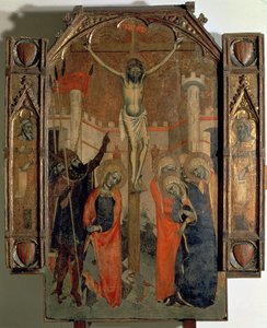 La Crucifixión, parte superior del panel central del gran retablo de la Almudaina, terminado en 1358 (temple sobre tabla)