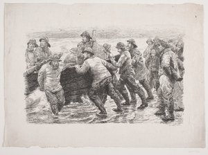 Pescadores preparando un bote para el agua de F. Hendriksen
