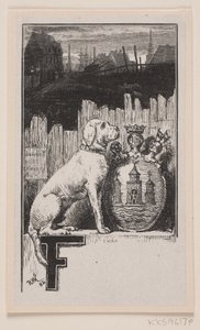 Vignette Inicial."F" con un perro y el escudo de armas de Copenhague